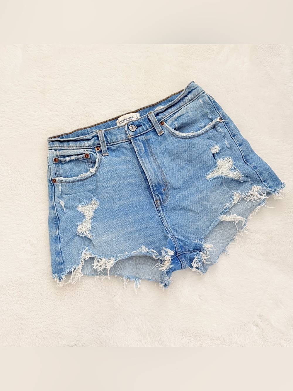 Abercrombie & Fitch High-Rise Light Blue Distressed Denim Shorts